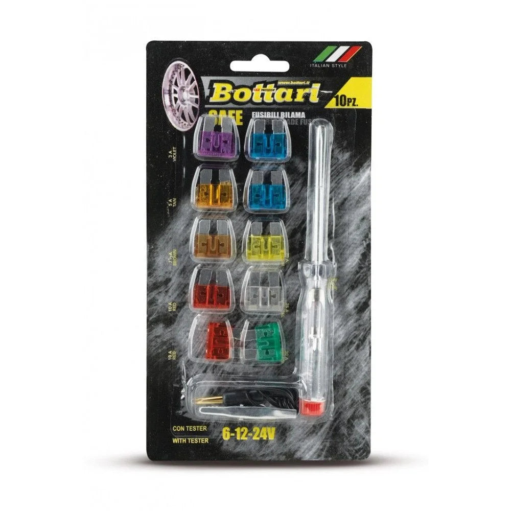 Set 10 sigurante auto, cu tester, BOTTARI Safe 30121BT, 3A, 5A, 7.5A, 10A, 15A, 20A, 25A, 30A