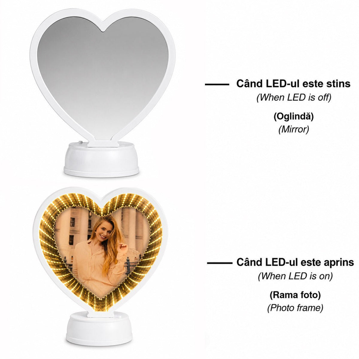 Oglinda magica cu insertie foto si efect INFINITY LED - INIMA