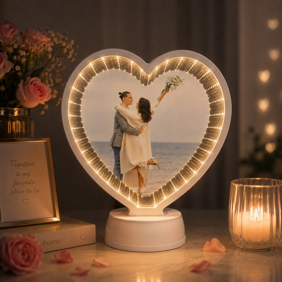 Oglinda magica cu insertie foto si efect INFINITY LED - INIMA