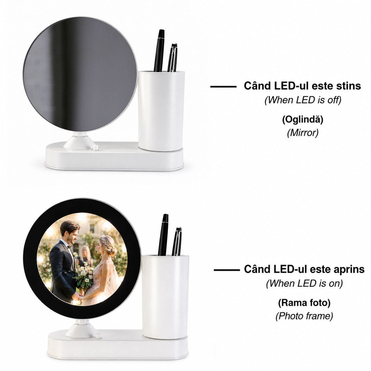 Oglinda magica cu insertie foto si lumina LED cu suport de pixuri - ROTUND