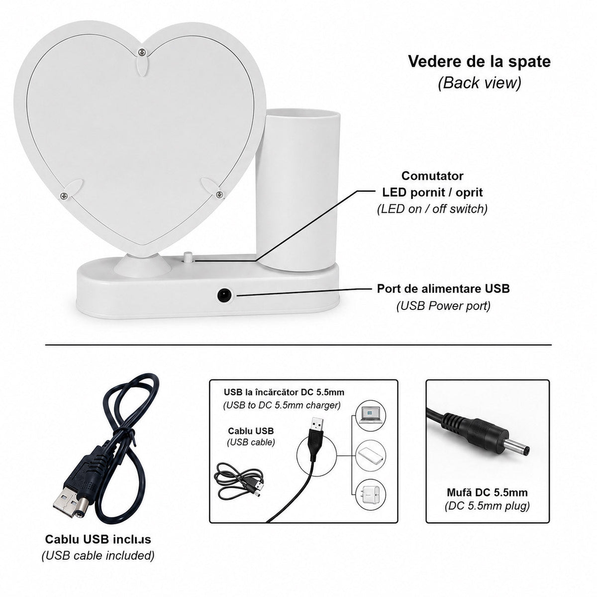 Oglinda magica cu insertie foto si lumina LED cu suport de pixuri - INIMA