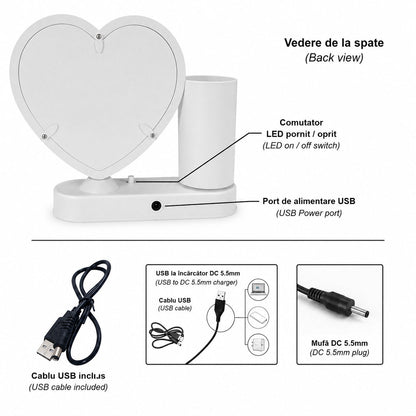 Oglinda magica cu insertie foto si lumina LED cu suport de pixuri - INIMA
