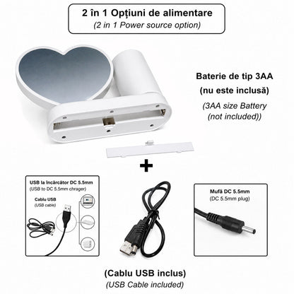Oglinda magica cu insertie foto si lumina LED cu suport de pixuri - INIMA