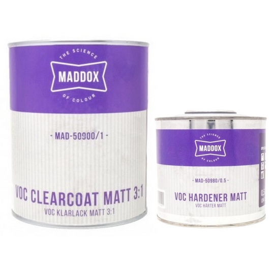 Pachet lac auto mat, Maddox 50900 VOC 3:1 Matt Clercoat, cantitate 1 litri lac si 0.5 litri intaritor