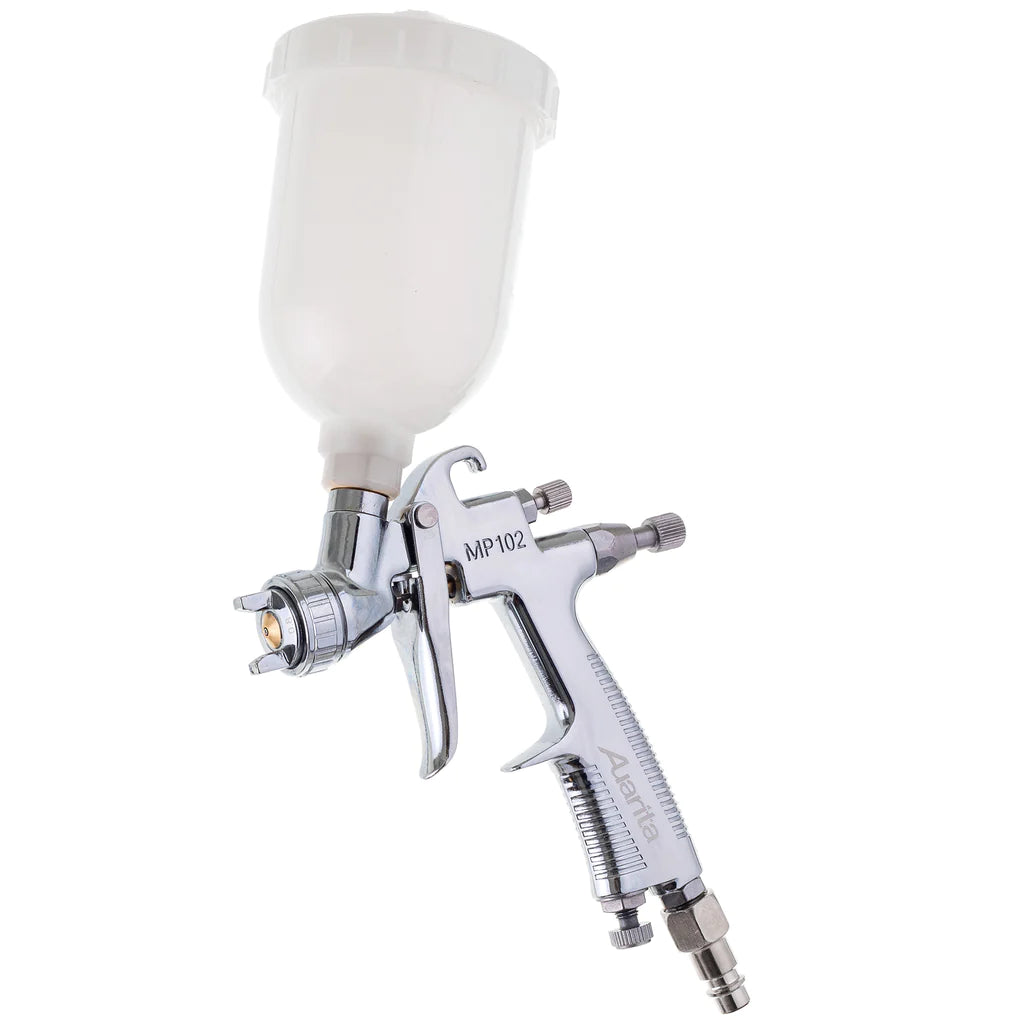Pistol de vopsit pentru retus, Auarita MP-102, cana plastic 250 ml, duza 0.8 mm sau 1.0 mm, consum aer 113-170 l/min