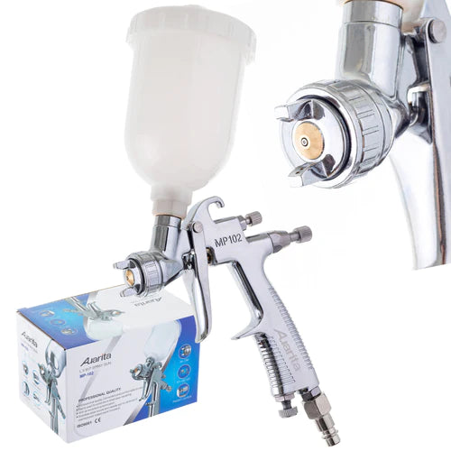 Pistol de vopsit pentru retus, Auarita MP-102, cana plastic 250 ml, duza 0.8 mm sau 1.0 mm, consum aer 113-170 l/min